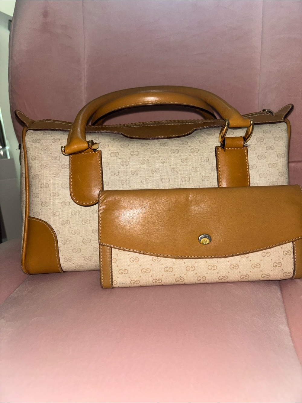Gucci Beige GG Canvas Satchel with Tan Leather Trim and Matching Wallet